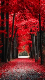 Straight forest path under dense red autumn tree canopy.