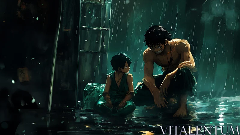 Rain-soaked alley confessions between bruised brothers at dusk.