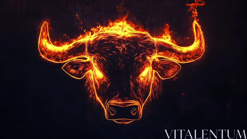 Flaming bull head illustration on dark burning backdrop.