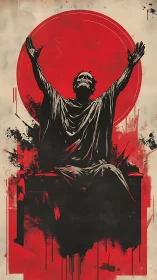 Skeletal prophet worships under blood red eclipse.