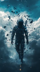 Digital painting of disintegrating astronaut amid storm clouds.