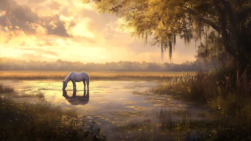 White horse stands in shallow reflective water at sunset