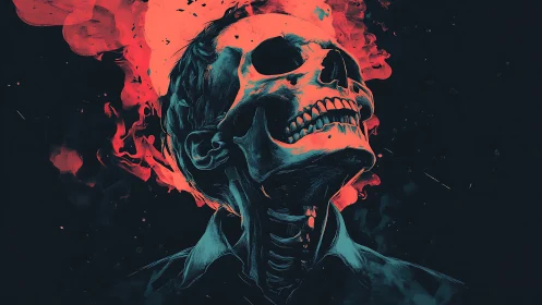 Flaming skull portrait exposes glowing spine in dark void