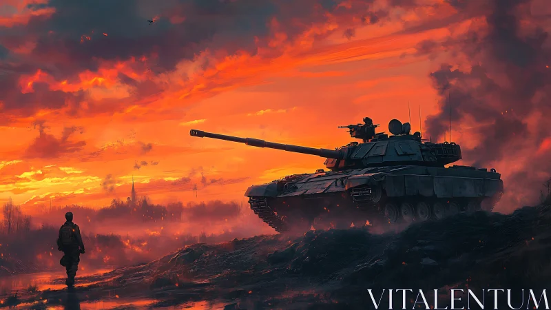 Armored tank and lone soldier under incendiary sunset sky.