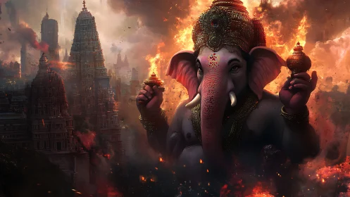Majestic elephant deity emerges amid burning temple spires.