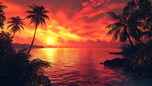 Fiery tropical sunset over calm palm-framed shoreline.