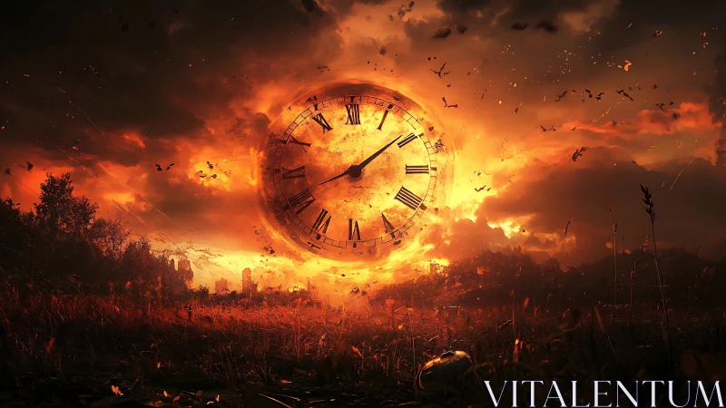 Solar storm clock ignites the sky above a burning meadow.