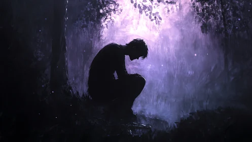 Solitary human silhouette kneels in backlit forest clearing