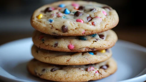 Tower of candy chip cookies crowned in buttery daylight.