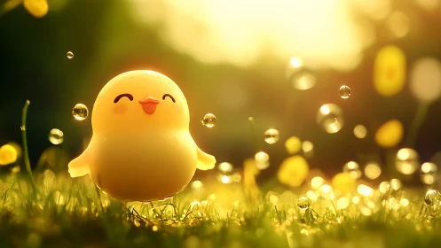 Sunlit bubble meadow crowns a jubilant baby chick king