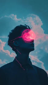 Cyberpunk portrait with neon visor and atmospheric backlight.