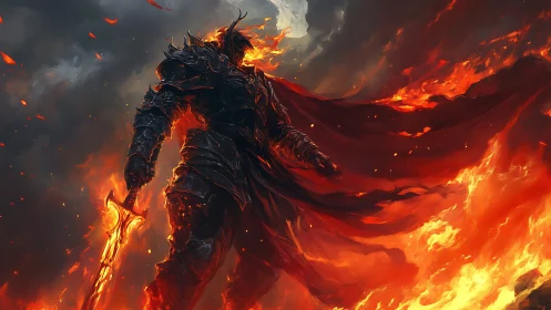 Armored figure with flaming sword in extensive firestorm.