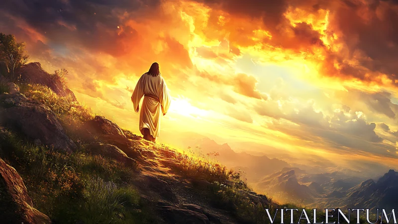 Radiant robed figure walking toward blazing celestial horizon.