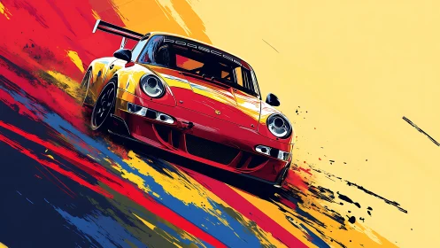 Red racing Porsche cuts dynamic strokes through color field.