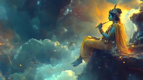 Divine musician rests above luminous stormlit clouds