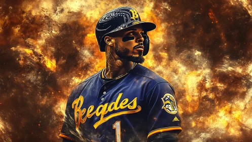 Baseball slugger stands poised amid blazing abstract firestorm.