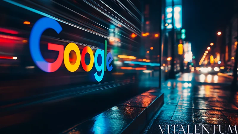 Google logo motion blur along wet city street at night.