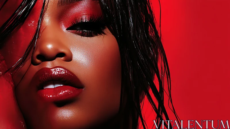 Sensual red beauty close-up with glossy wet look portrait.