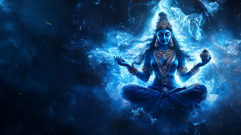Cosmic blue goddess levitates within swirling nebula light.