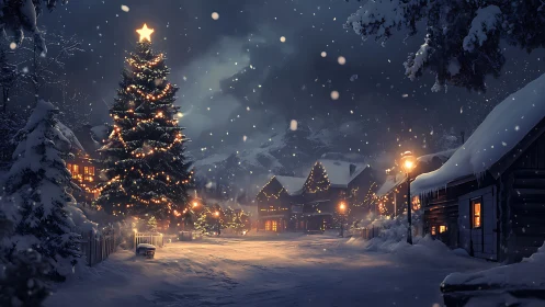 Snow-covered village street with illuminated winter tree.