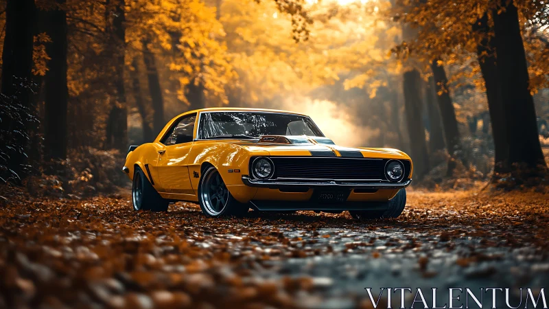 Yellow classic muscle car parked on forest road in autumn