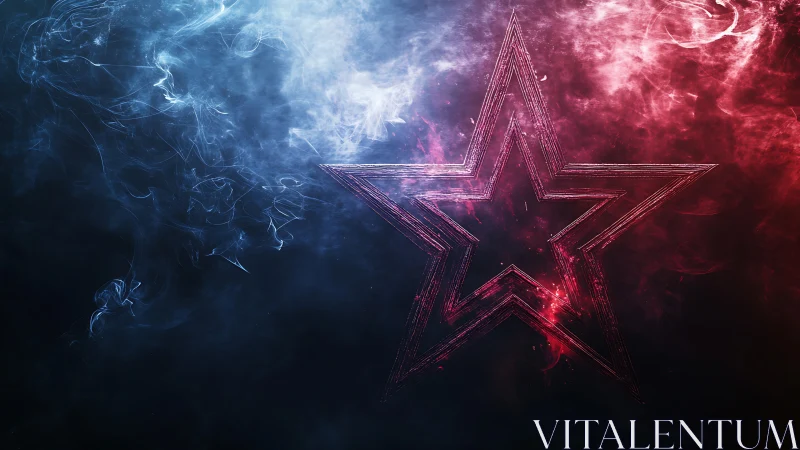 Neon star outline amid red and blue swirling smoke field.