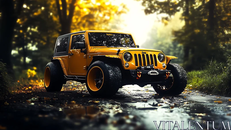 Bold yellow off-road Jeep waits on a glowing forest trail