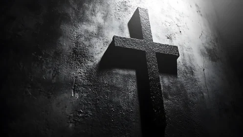 Textured black cross sculpture under dramatic side light.
