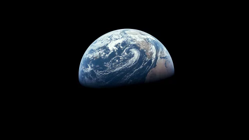 Half-lit Earth rising in deep black cosmic void.