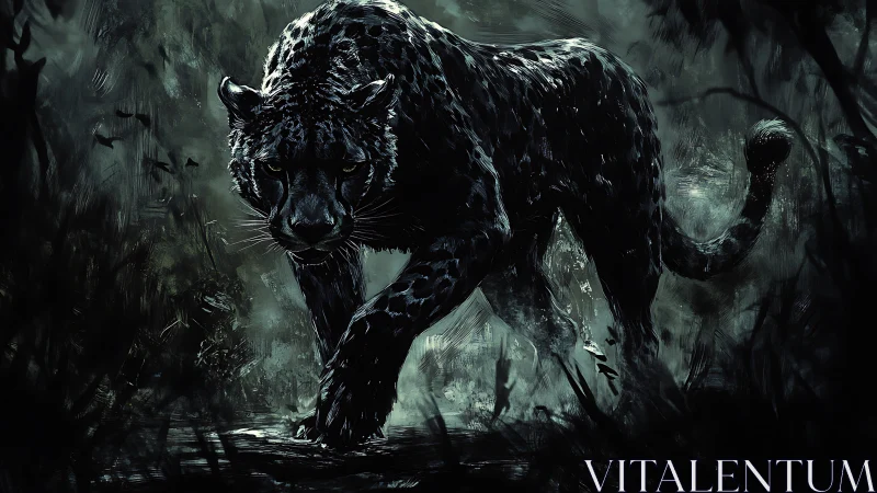 Dark-furred carnivoran predator rendered in monochromatic digital illustration.