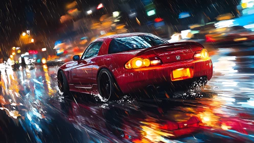 Red street racer slicing through neon city rainstorm at night.