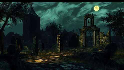 Digital gothic ruin under moonlit sky with archway focus.