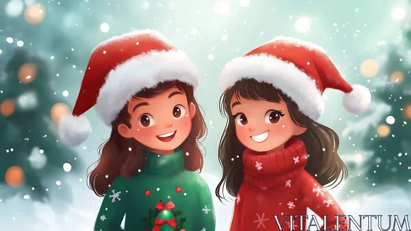 Smiling girls in Santa hats share festive winter joy.
