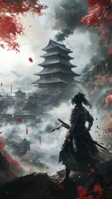 Armored ronin overlooking misty multi-tiered pagoda citadel