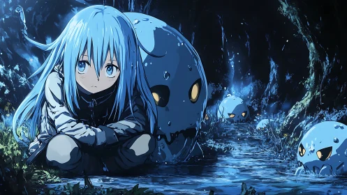 Melancholic blue-haired child rests among glowing cave slimes