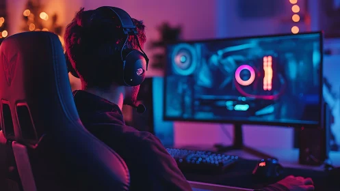 RGB-illuminated esports workstation with focused gamer profile.