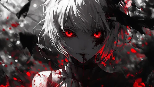 Monochrome anime portrait isolates crimson predatory gaze