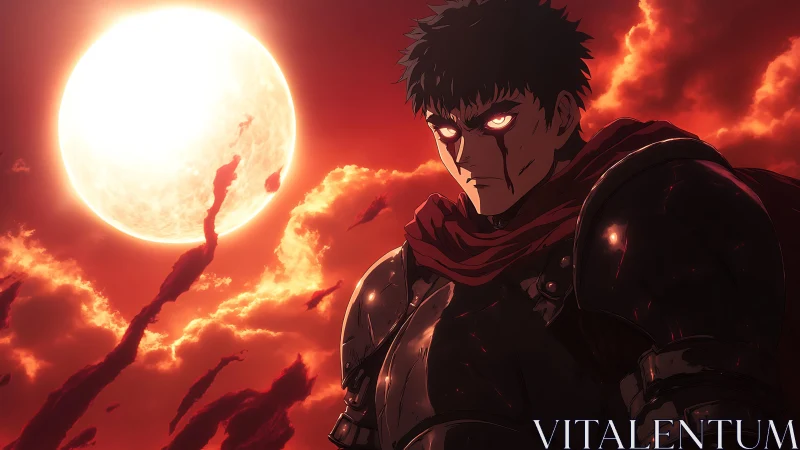 Bloodlit warrior beneath burning crimson moonrise sky.