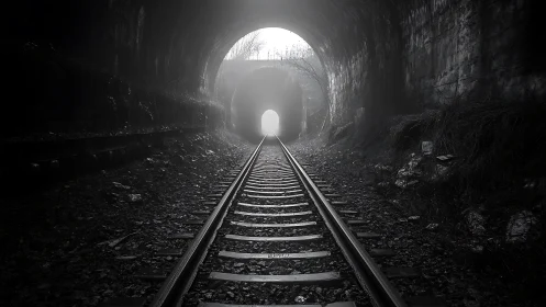 Single rail track extending through dark stone railway tunnel.