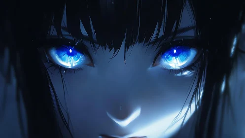 Intense close up of glowing blue anime eyes in dark scene.
