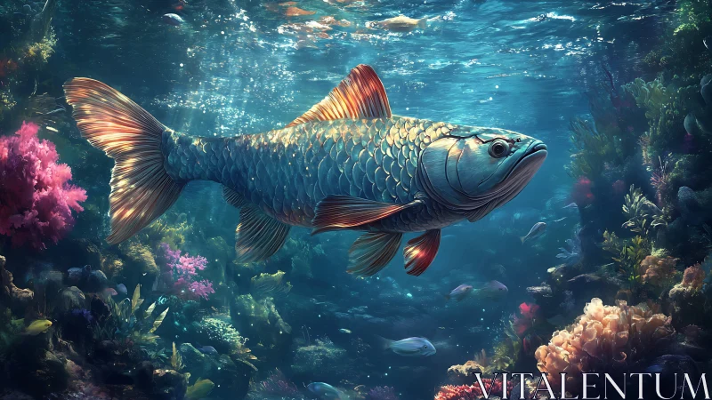 Luminous scaled fish glides through vibrant digital reef environment