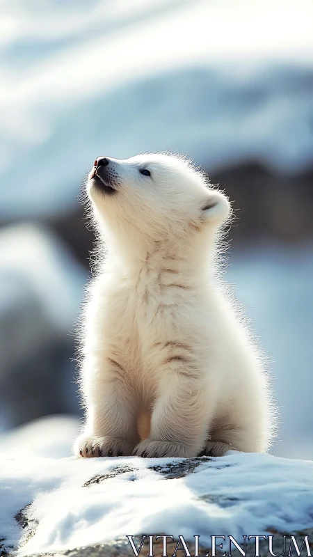 Photorealistic polar bear cub in high-key arctic portrait.