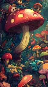 Whimsical mushroom forest with tiny guardians watching over.