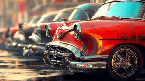 Weathered red classic car rendered in detailed street scene