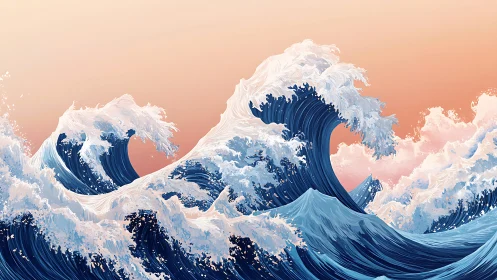 Cresting ocean waves curl under soft pastel sunrise sky