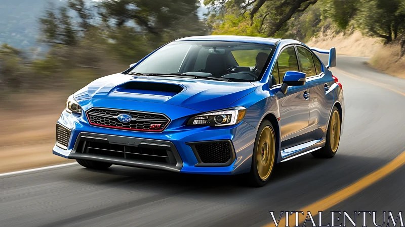 High-performance blue sports sedan powers through winding mountain road