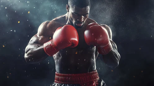 Professional boxer executing defensive guard with red boxing gloves