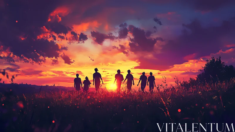 Silhouetted friends crossing luminous sunset meadow horizon.