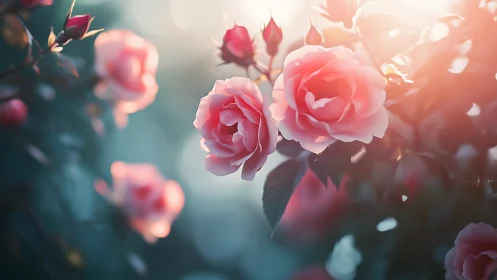 Delicate Pink Roses Blooming in Soft Golden Sunlight.