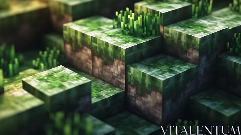 Voxel grass terraces under soft cinematic lighting.
